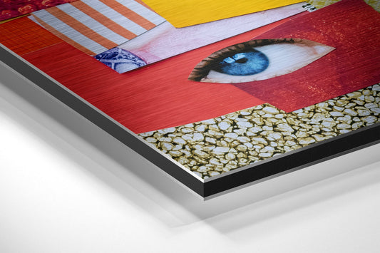Close-up angled view of brushed aluminium dibond wall art featuring a blue eye on red background with yellow, pink, and patterned sections.