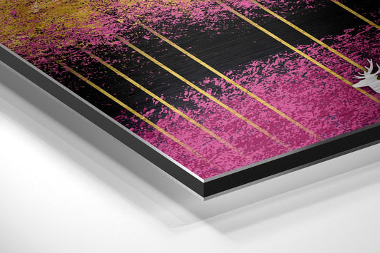 Close-up angled view of layered aluminum dibond print showing purple drip gradient, gold lines, and brushed metal edge detail.