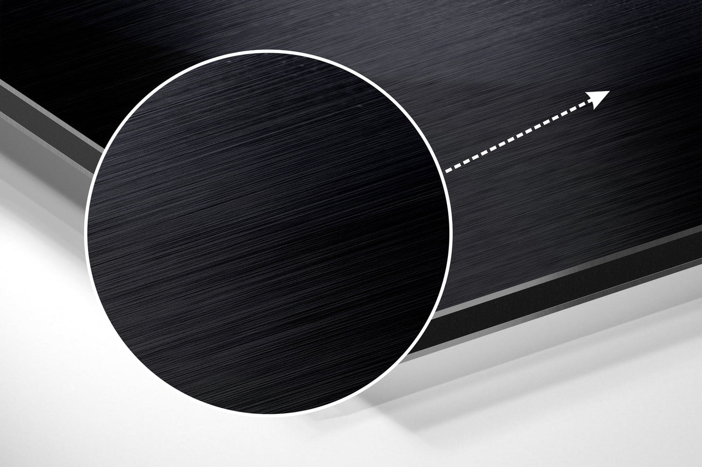 Abstract 3D composition featuring a black brushed circle with white border and directional arrow on layered gray and white planes.