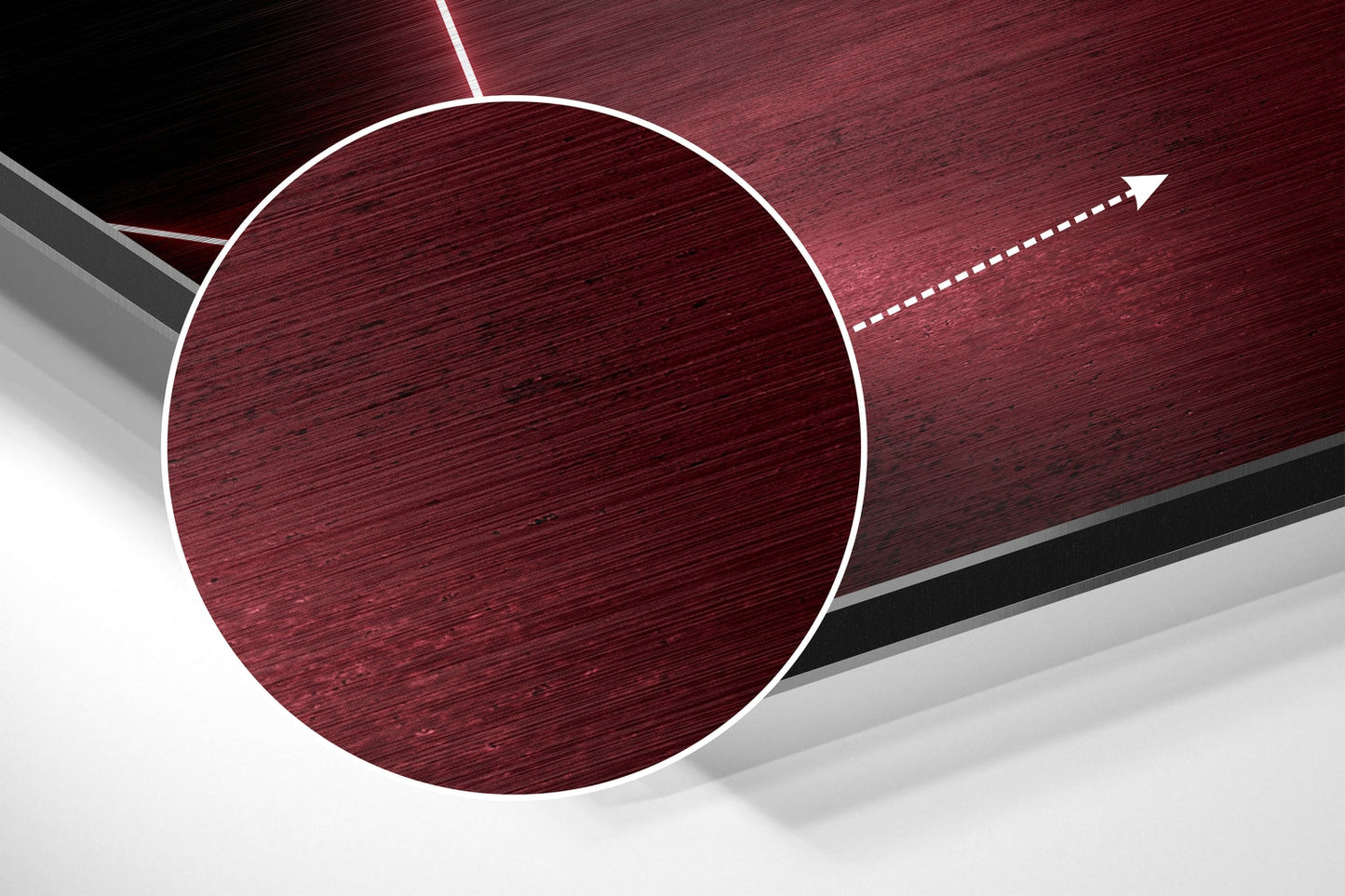 Large brushed burgundy circle with white neon outline on angled geometric background with directional arrow detail.
