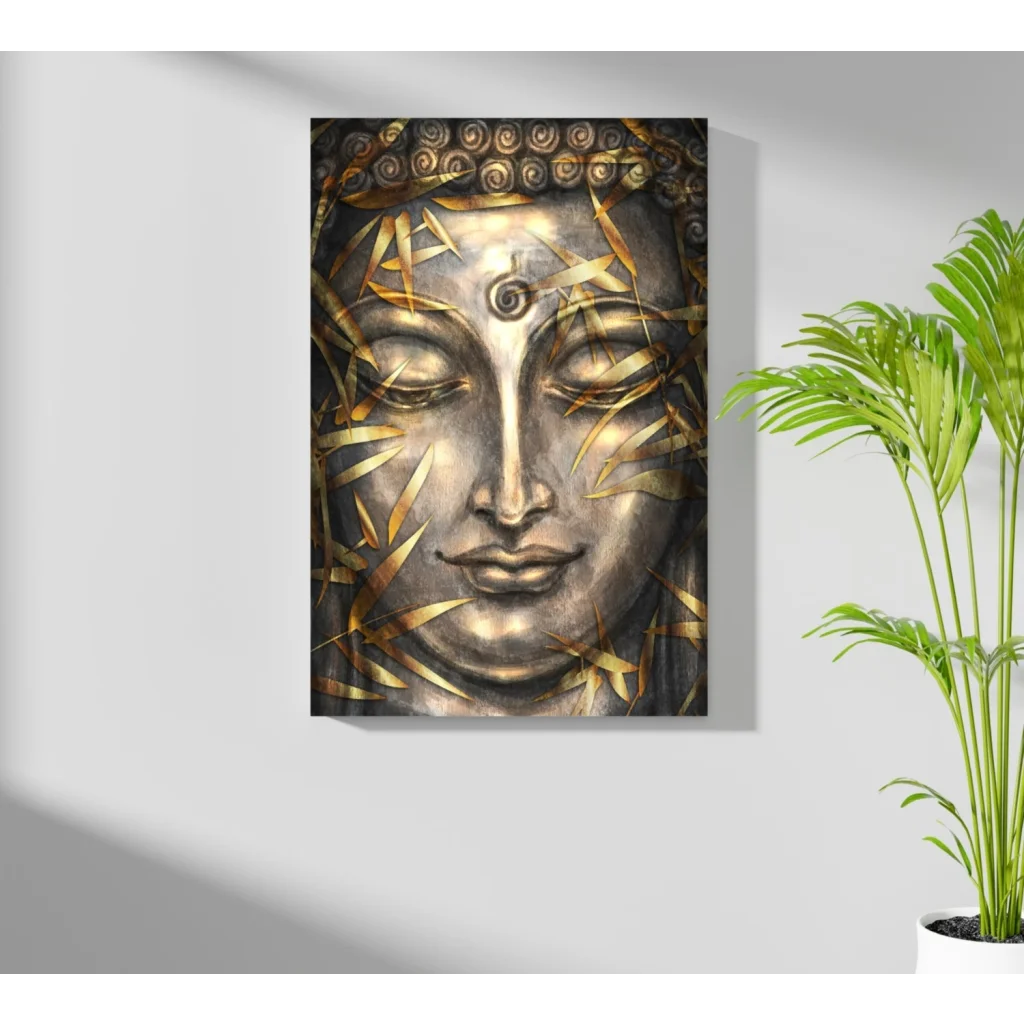 Stunning silver Buddha face on insigne aluminum print with golden bamboo accents
