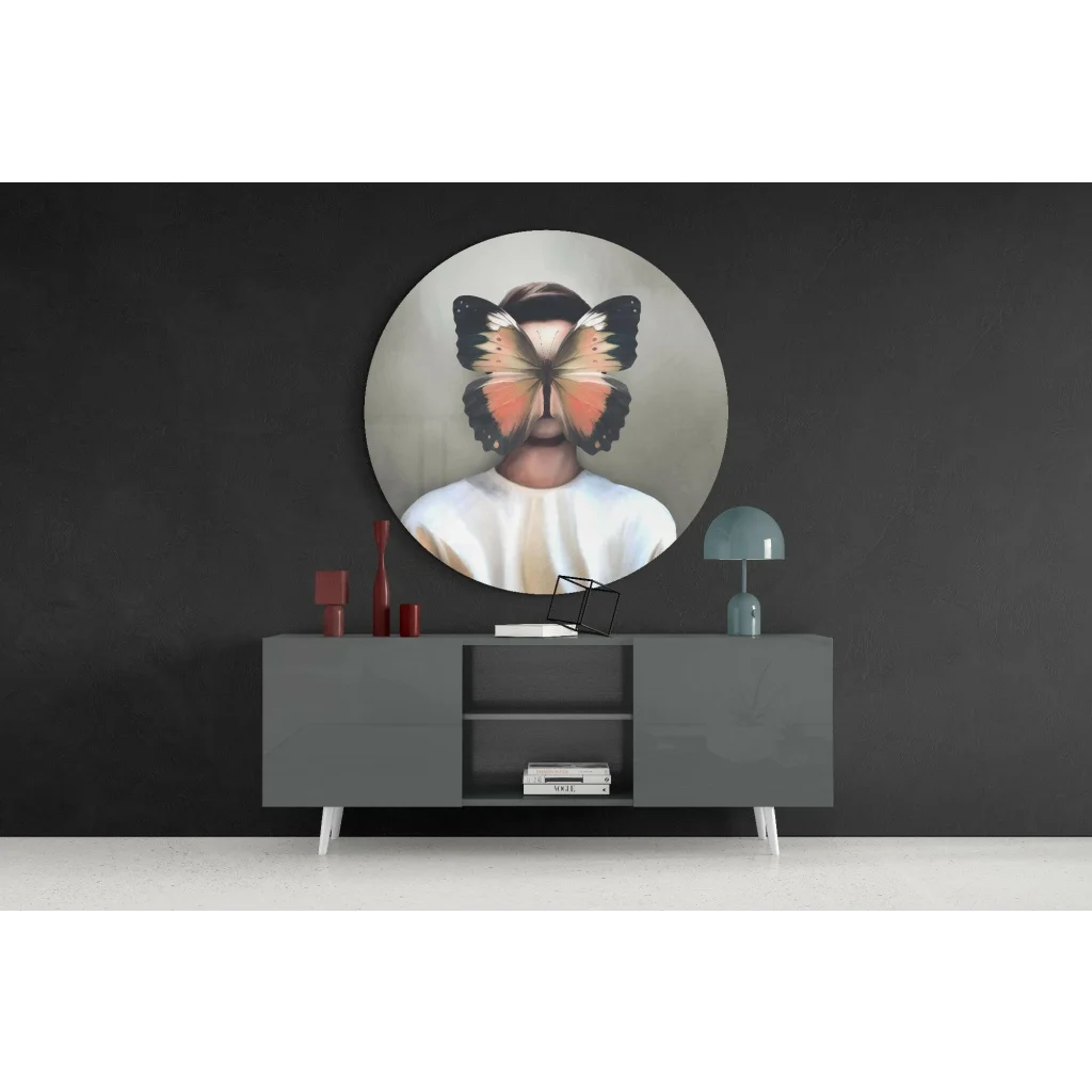 Circular tempered glass art print of butterfly face in earth tones