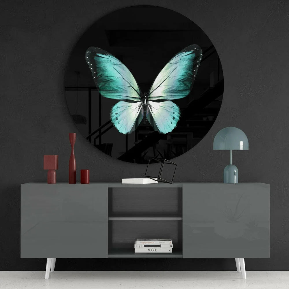 Stunning turquoise butterfly tempered glass art circle with white accents