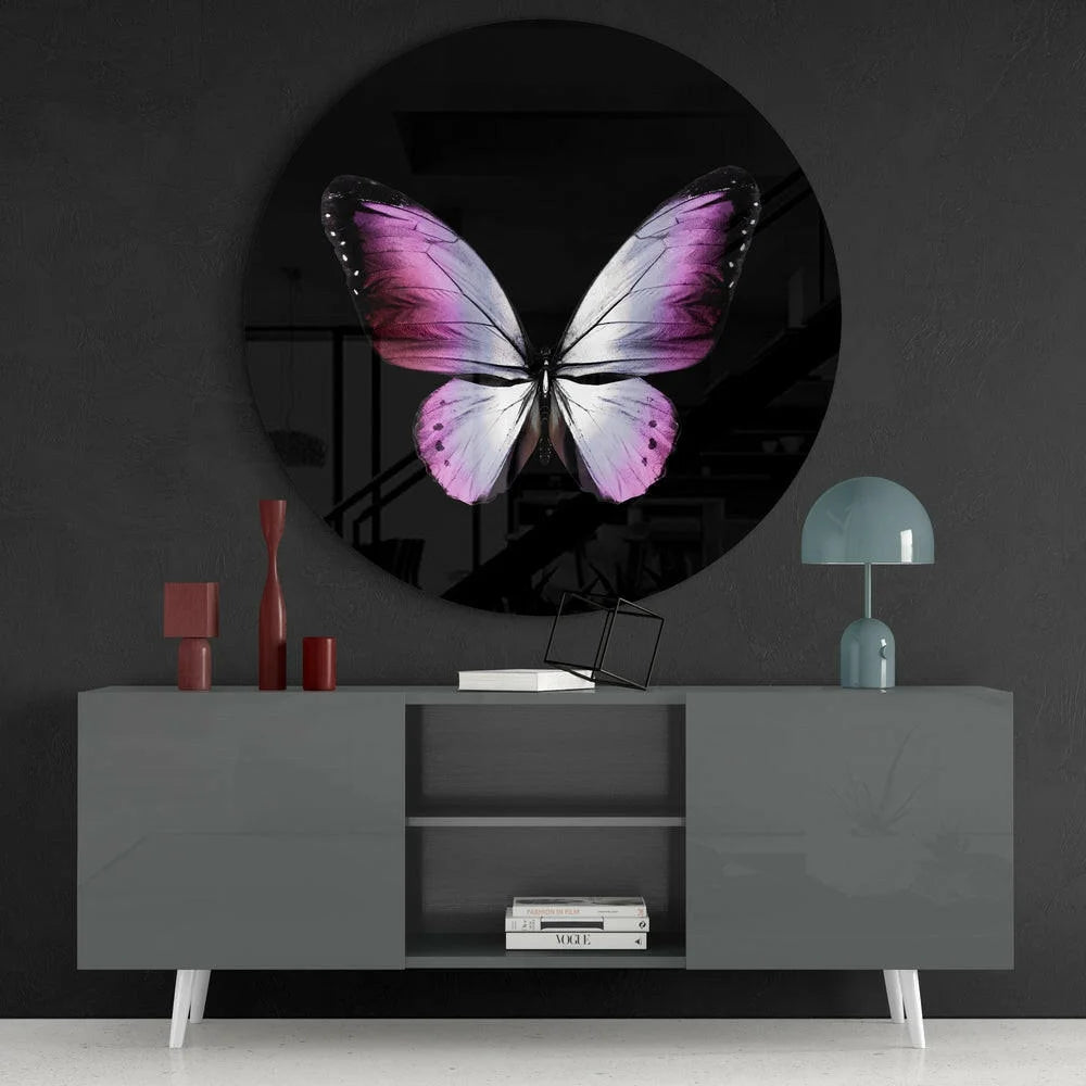 Stunning pink butterfly on iridescent tempered glass art wall clock
