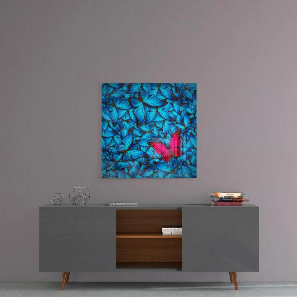 Stunning Pink Butterfly Glass Wall Art with Blue Accents | Contemporary Home Wall Art | vintageantiquesgifts.com