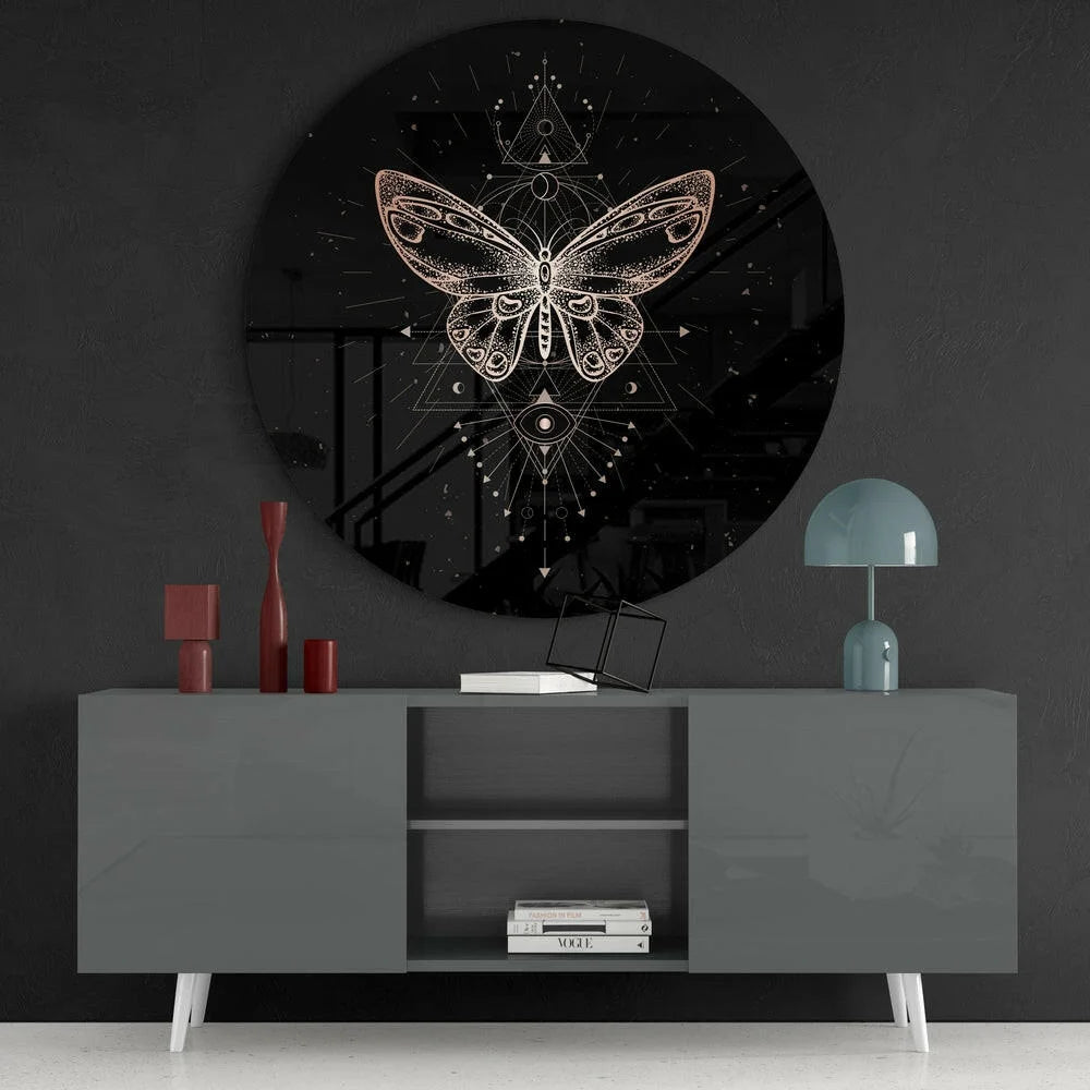 Mystical butterfly tempered glass art with gold-leaf design and sacred eye motif