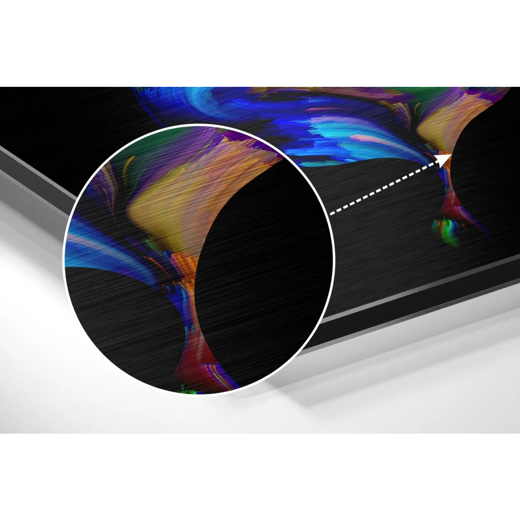 Sleek black-framed brushed aluminium dibond print of vibrant abstract art