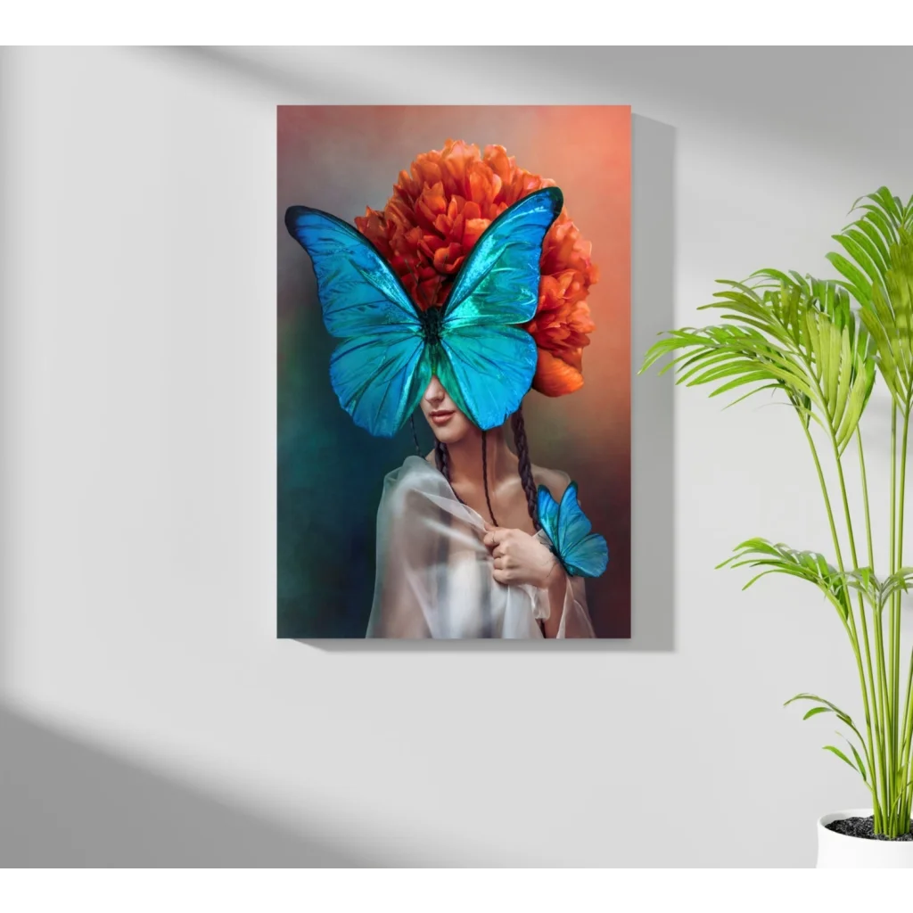 Vibrant blue butterfly woman on insigne aluminum prints