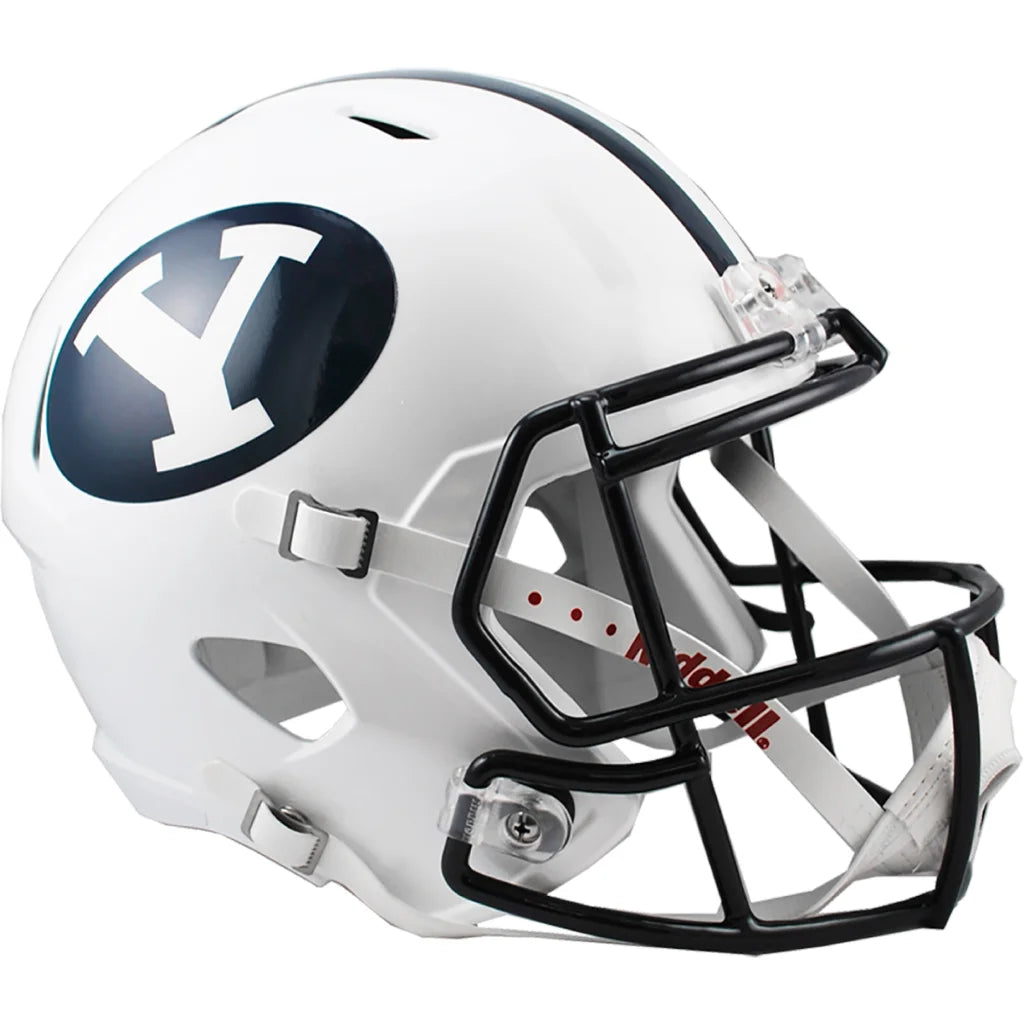 White BYU Cougars speed replica football helmet with black facemask