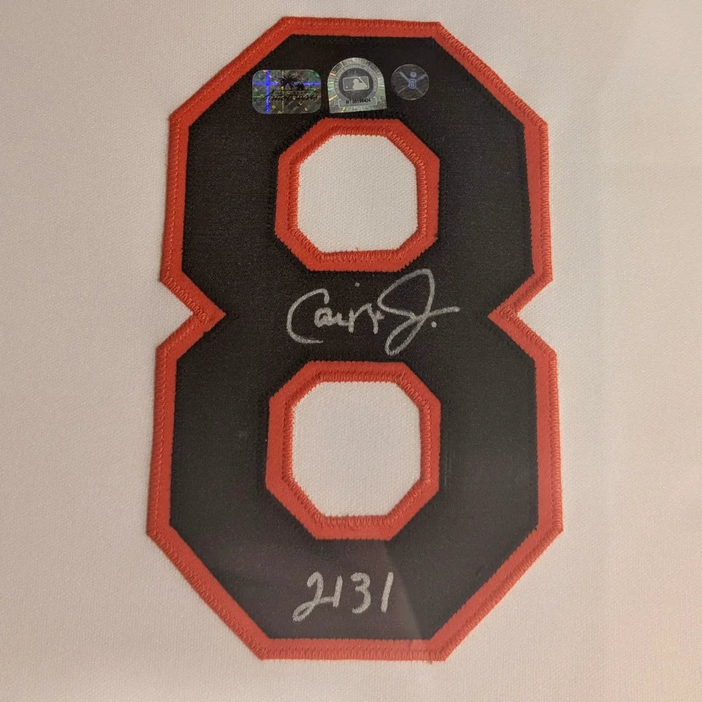 Cal Ripken autographed black orange #8 patch on deluxe framed Orioles jersey