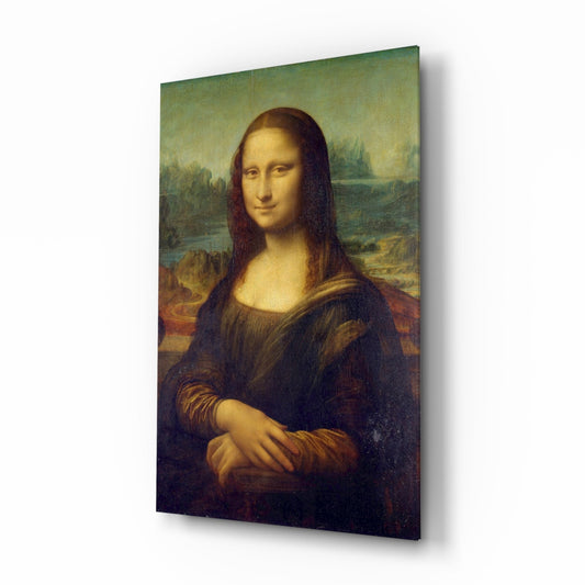 Mona Lisa portrait printed on glass panel displayed at an angle, showing the subject's face, dark clothing, and Renaissance landscape background.
