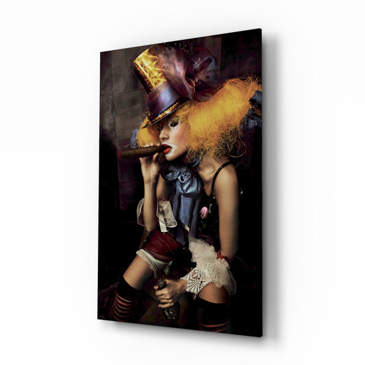 Glass wall art panel displaying a woman in gold hair, top hat, and vintage outfit smoking a cigar against dark background.