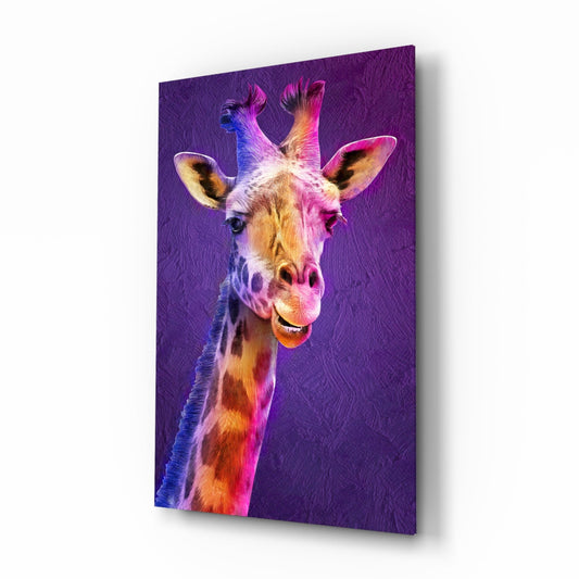 Colorful painted giraffe with pink, purple, and gold tones on purple textured glass panel, angled perspective view.