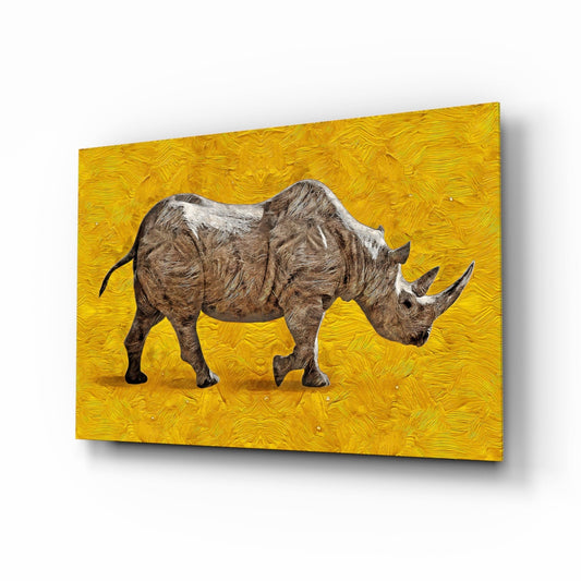 Three-dimensional glass wall art featuring a textured brown rhinoceros in profile against a bright yellow brushstroke background, shown at an angle.