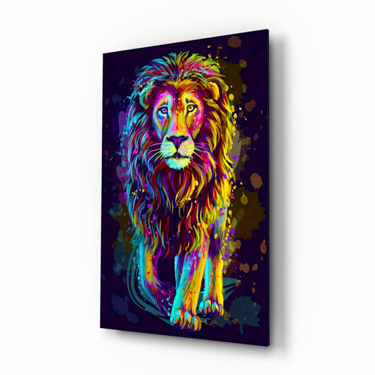 Angled side view of a glass wall art panel displaying a vibrant neon-colored lion's head and upper body against a dark purple background with paint splatters.