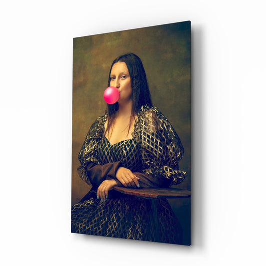 Glass wall art displaying a Renaissance-style portrait of a woman with long dark hair blowing a large pink bubble gum bubble, wearing an ornate gold-patterned dark garment.