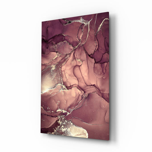 Angled product view of rectangular glass wall art with mauve, pink, and gold abstract veining pattern against white background.