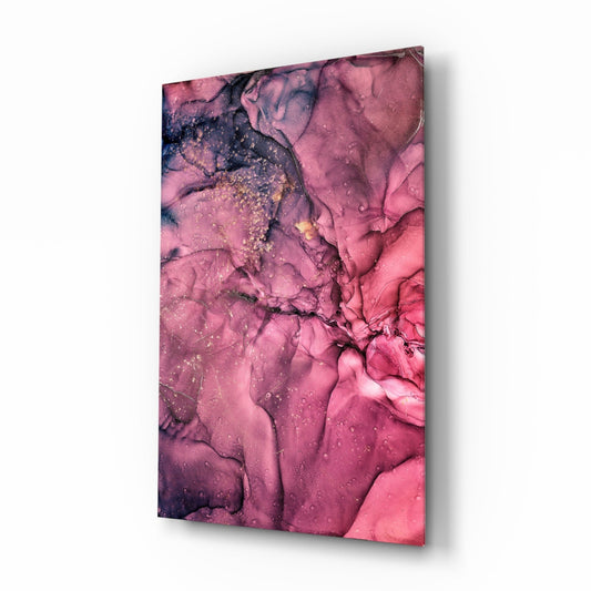 Angled side view of magenta and navy glass wall art with gold accents and fluid swirling patterns, mounted on white background.