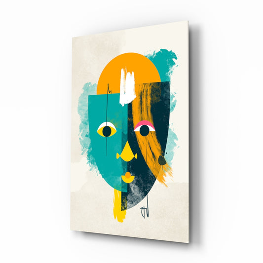 Canvas wall art displaying an abstract geometric face with teal, yellow, and dark sections, orange circle, and watercolor elements on cream background.