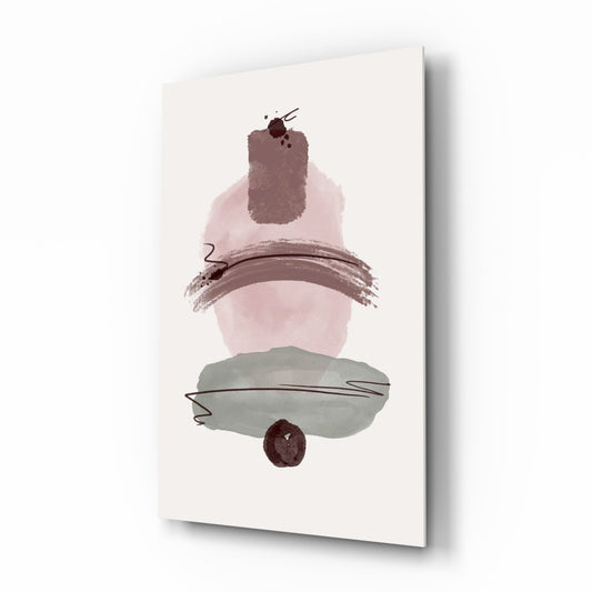 Canvas art print displayed at an angle showing stacked abstract watercolor shapes in mauve, pink, sage green, and brown tones on cream background.