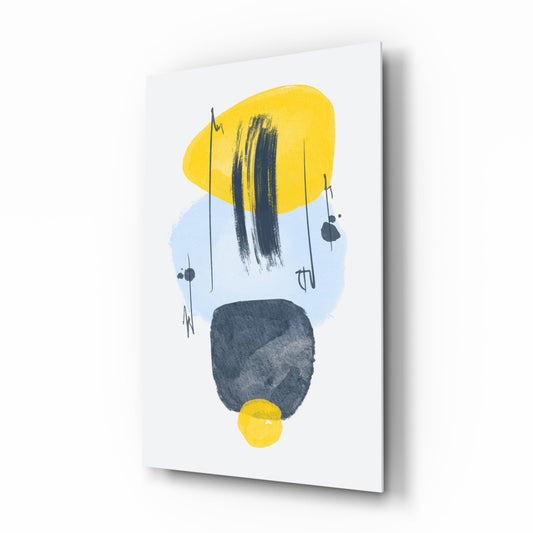 Glass wall art panel displaying abstract composition with yellow circles, blue wash, dark navy brushstrokes, and thin line details on white background.
