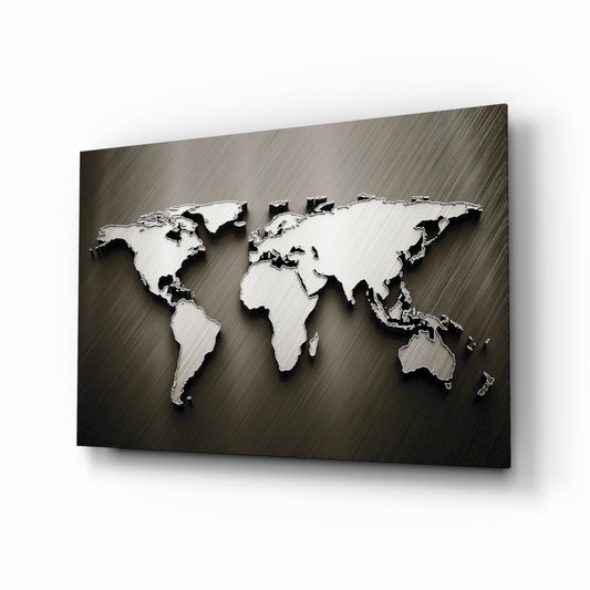 Three-dimensional chrome and white world map on dark brushed metal background, displayed at angled perspective.
