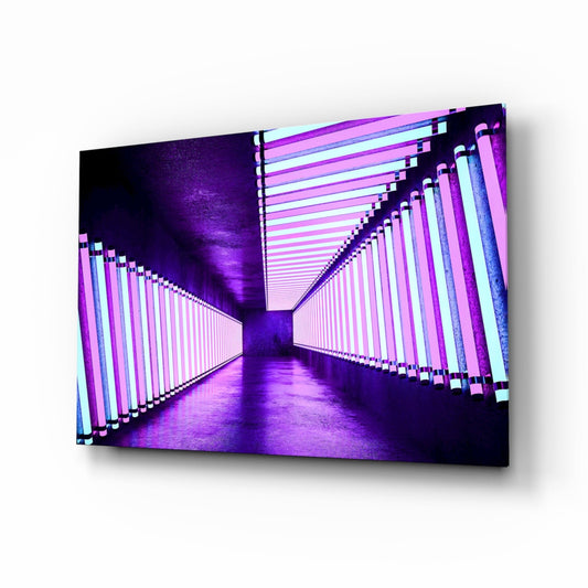 Perspective view of neon tube corridor wall art with pink, purple, and cyan fluorescent lines converging toward vanishing point.