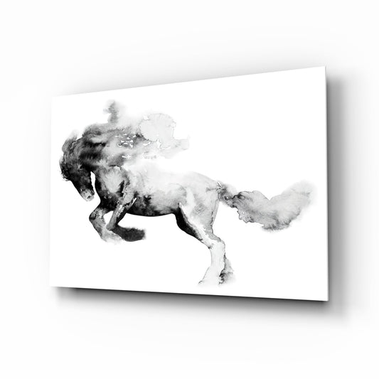 Black and white watercolor-style galloping horse rendered in ink smoke effect on white glass panel, side profile view.