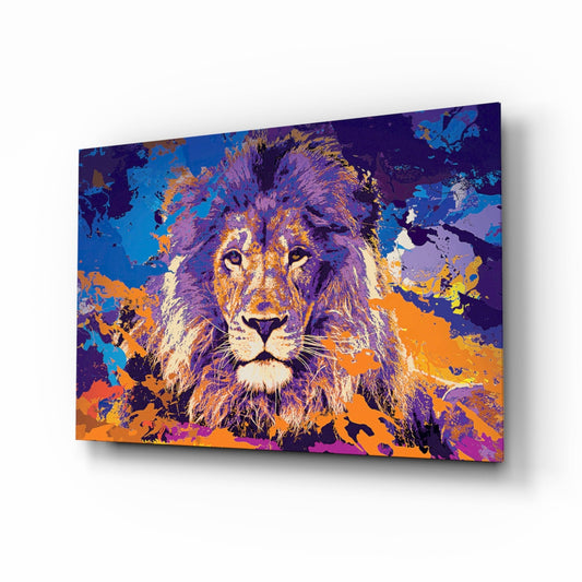 Angled perspective view of a colorful glass wall art featuring a lion's head with purple, orange, blue, and gold splattered paint effects on a dark background.