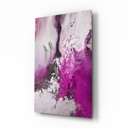 Angled perspective view of glass wall art panel displaying swirling magenta, pink, white, and black marble patterns with textured surface details.