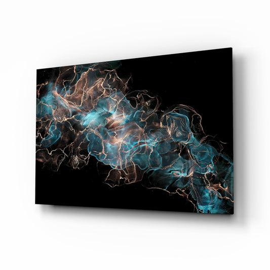 Angled perspective view of glass wall art displaying teal and copper abstract energy patterns with black background.