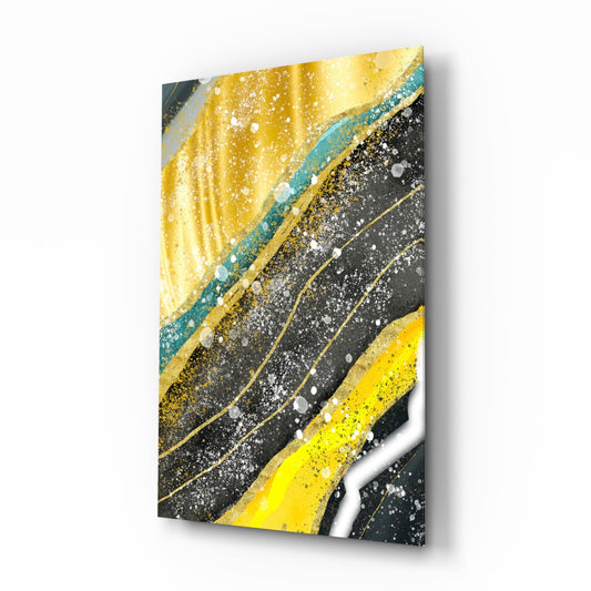 Angled 3D perspective view of glass wall art featuring diagonal yellow, black, teal, and white striped bands with glitter speckles and shadow effect.