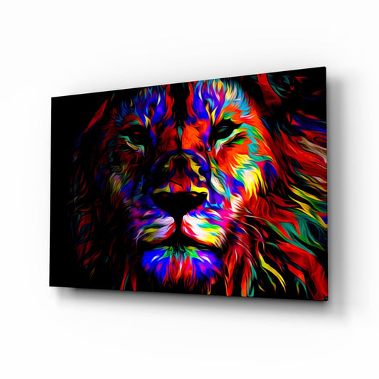Angled perspective view of a glass wall art panel displaying a vibrant neon lion portrait with multicolored stripes in red, blue, yellow, and green against black background.