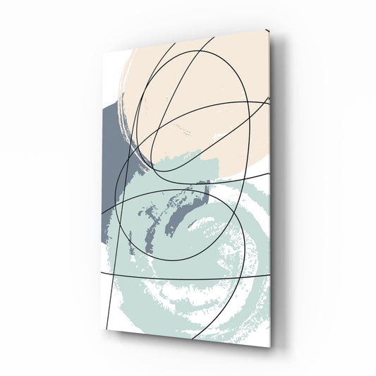 Angled 3/4 view of teal and beige glass wall art with black curved line designs and map elements visible through transparent glass.