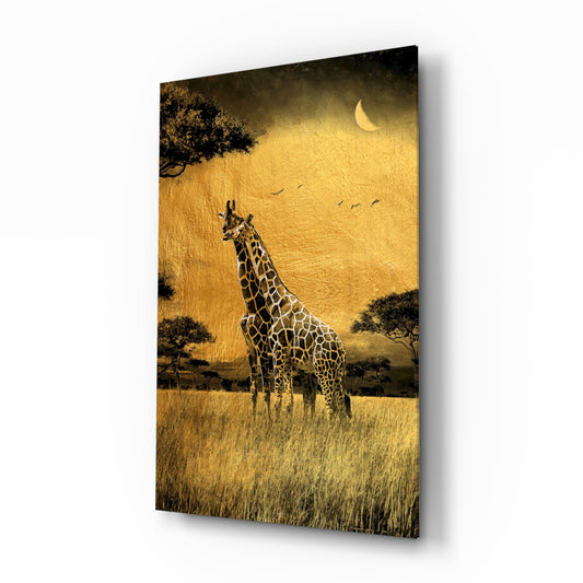 Single giraffe standing in golden grassland at night with crescent moon and acacia trees on glass wall art.