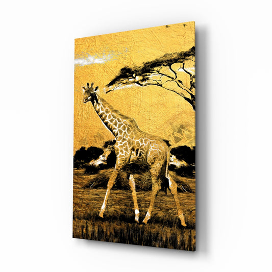 Angled three-quarter view of glass wall art featuring a giraffe beneath an acacia tree against a gold and black textured background.