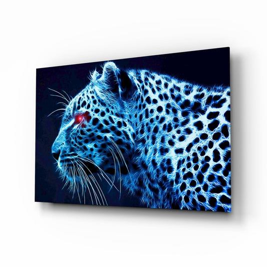 Angled perspective view of glowing neon blue leopard head and spotted body on dark glass panel with red eye detail.