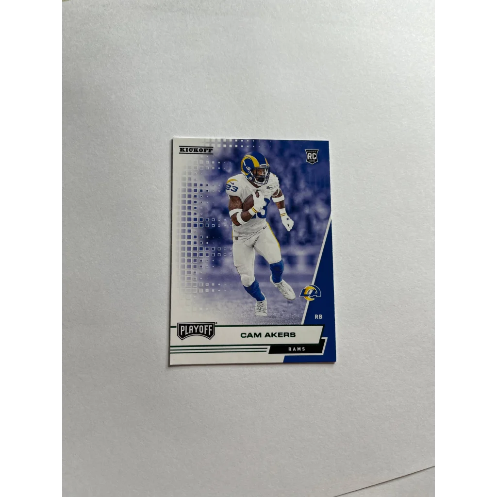 Football trading card of Cam Akers from the Cam Akers Rookie Card 2020 Playoff Kickoff Green Rams Star