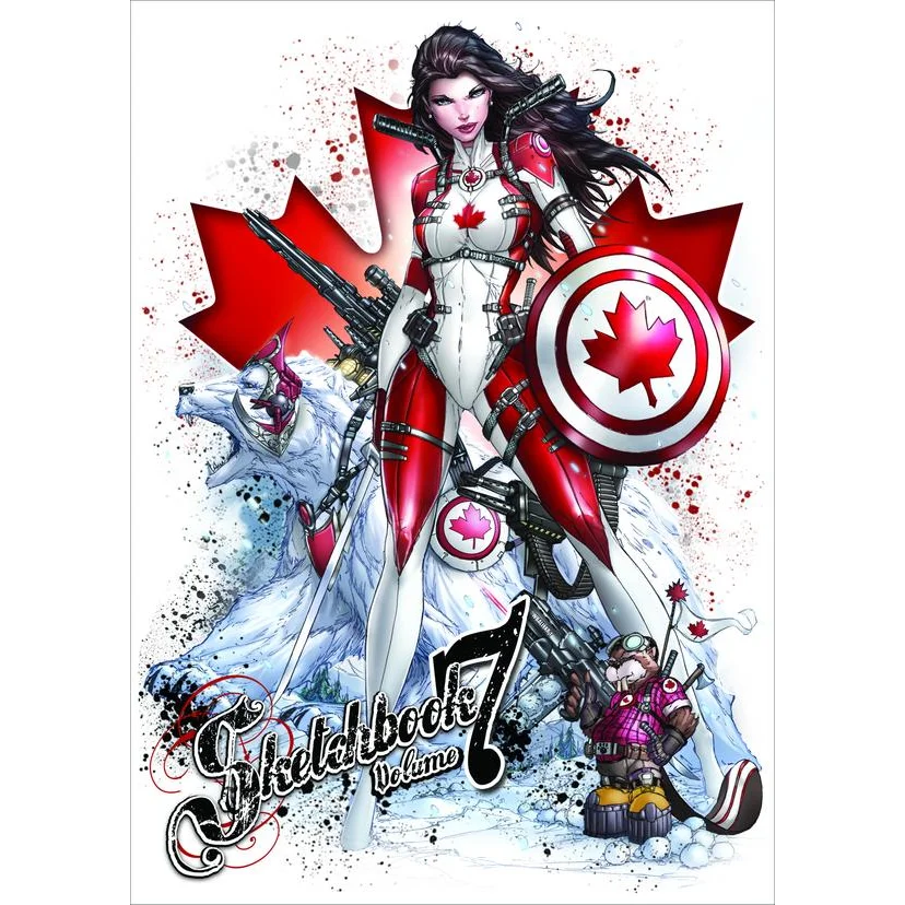 Red and white Canadian superheroine with maple leaf shield on comic art print