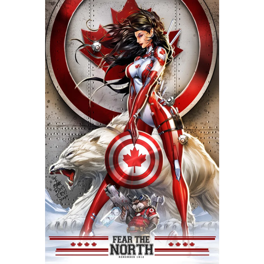 Canadian superhero with polar bear on brushed aluminum print