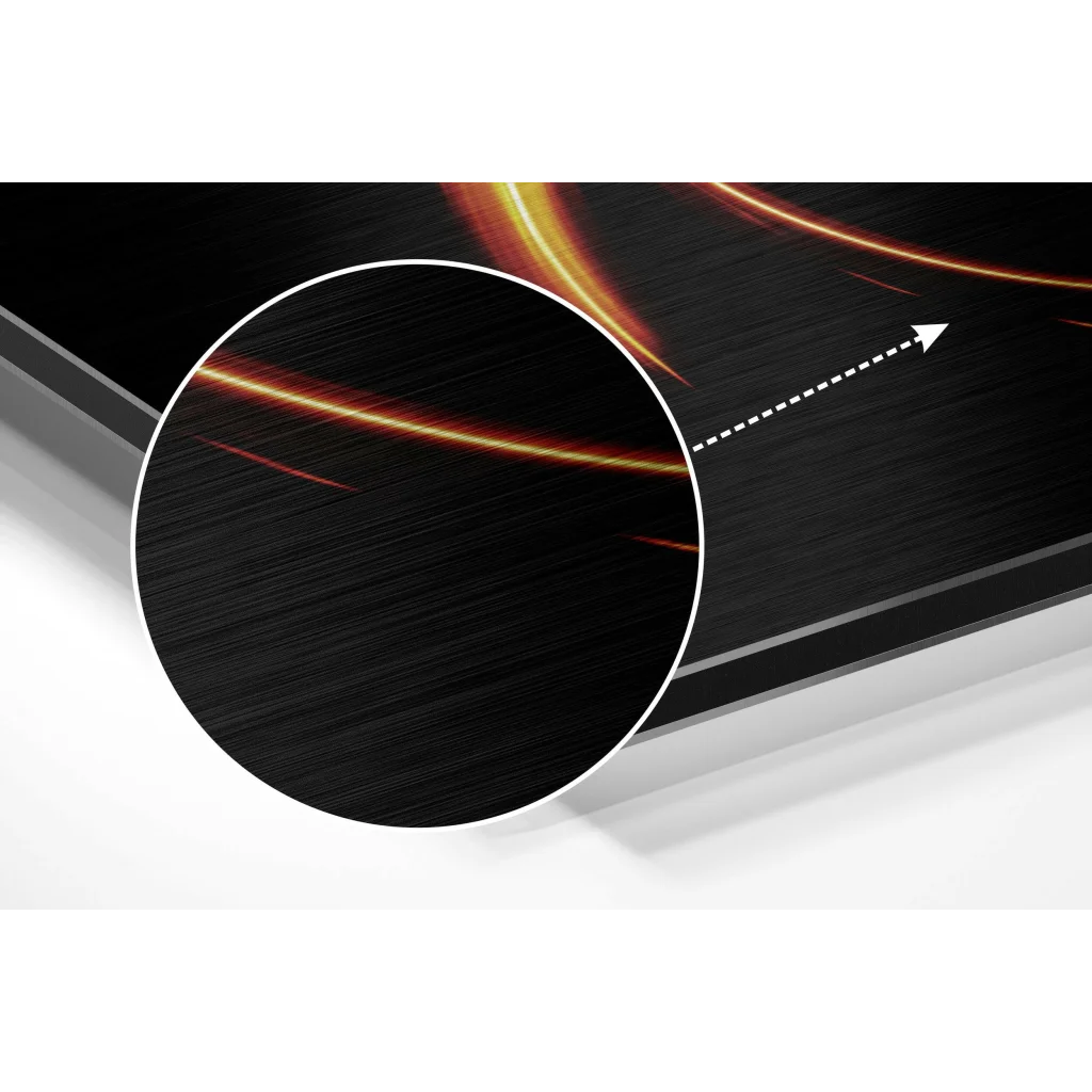 Fiery glow brushed aluminium dibond wall art with orange red light trails