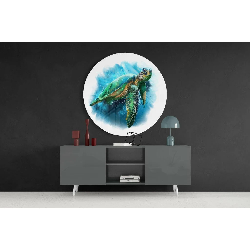 Vibrant sea turtle tempered glass art wall decor with blue watercolor splashes