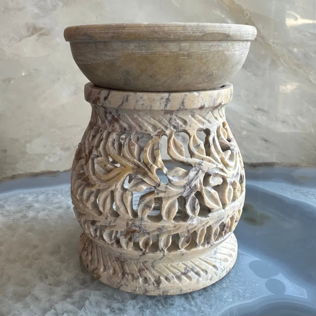 Carved soapstone essential oil burner with floral leaf design