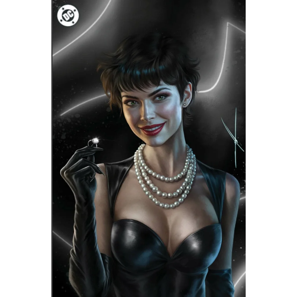 A woman in a black leather bustier and gloves holds an engagement ring featuring a sparkling diamond in carla cohen catwoman 84