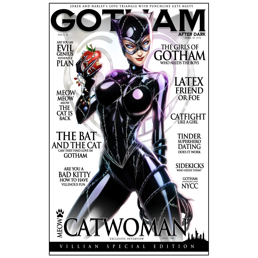 Catwoman in sleek black purple latex suit holding strawberry on brushed aluminum print