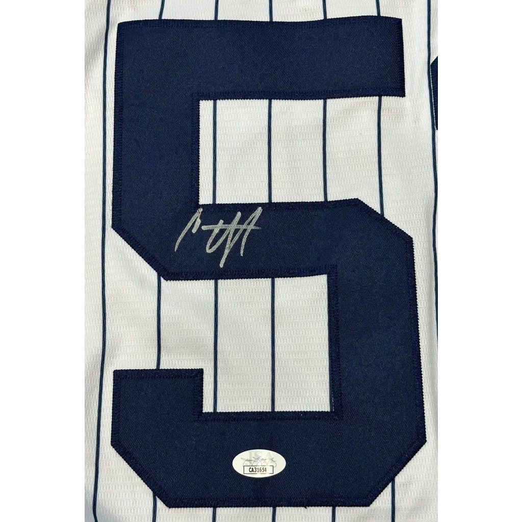 Sabathia autographed New York Yankees majestic jersey with navy blue number five patch on white pinstripe
