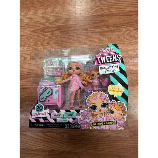 LOL Surprise Tweens Babysitting Party playset in packaging displayed on wooden floor, showing doll with pink hair and accessories.