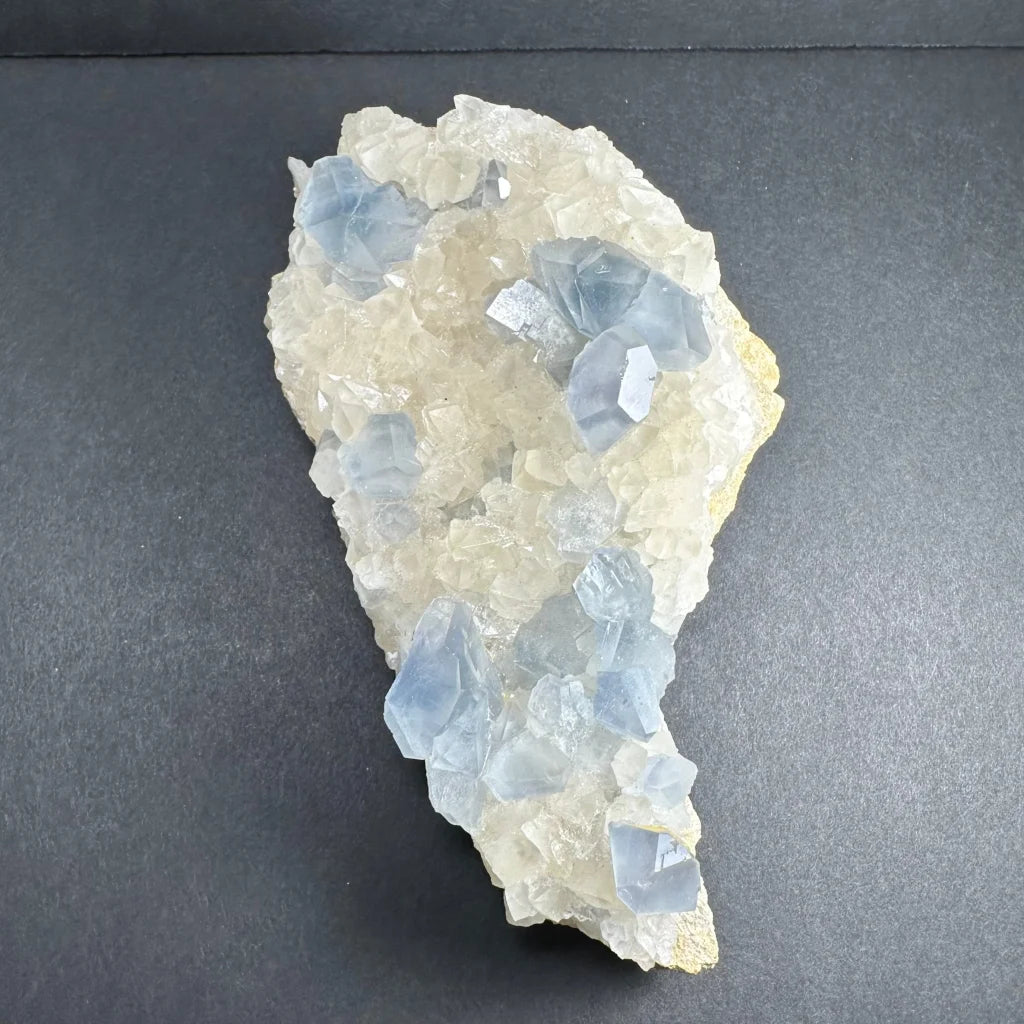 Vibrant celestite crystals cluster with blue fluorite and jagged calcite