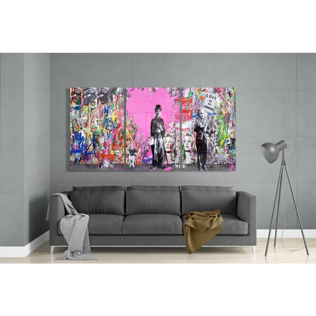 Charlie Chaplin pink graffiti triptych canvas wall art