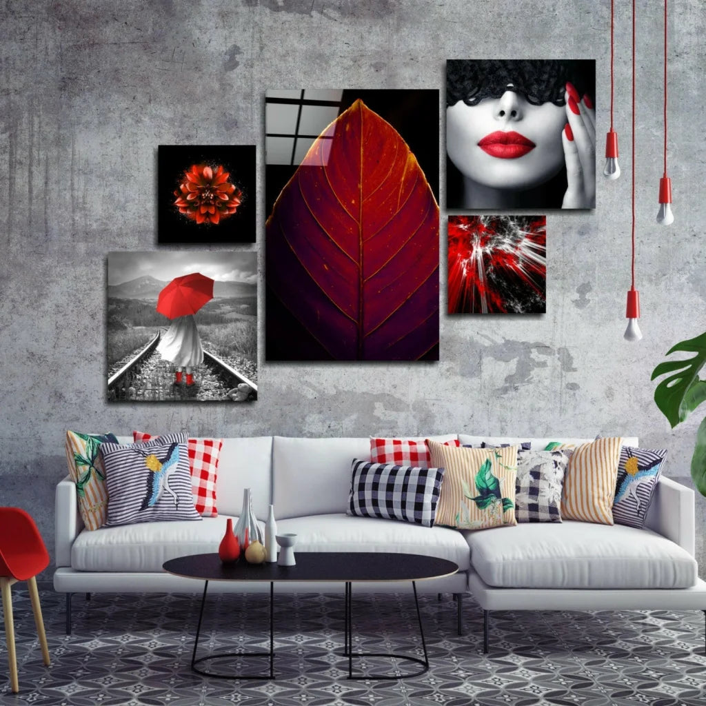 Stunning red leaf glass wall art with golden veins, glossy finish
